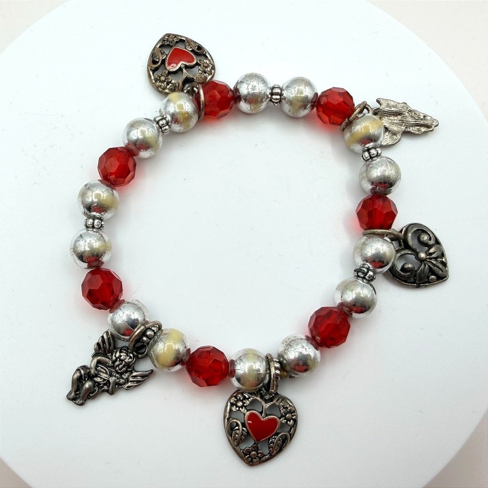 Vintage Y2K Silver Tone Heart Angel Charm Red Beaded Bracelet Women's Jewelry
